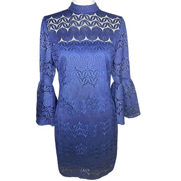 Trina Turk Lace Overlay Navy Blue Mini Dress Bell 3/4 Sleeve Sz 4 Holidays - Picture 1 of 9